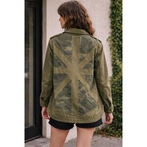 Forever 21 Womens Small Military Utility Jacket Olive Green Union Jack Camo Back